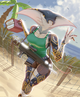 5_fingers anthro bottomwear breasts brown_bottomwear brown_clothing brown_shorts clothed clothing collarbone eyelashes female fingers footwear fully_clothed green_clothing green_topwear medium_breasts multicolored_body non-mammal_breasts palm_tree plant scales shorts socks thick_thighs topwear tree ventral_scales white_body white_clothing white_footwear white_socks wide_hips yellow_body sloum ambient_bird aquatic fish manta_ray ray_(fish) hi_res