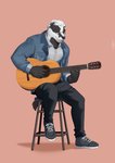 anthro clothing eyewear fur glasses guitar hair male musical_instrument playing_guitar playing_music plucked_string_instrument simple_background solo string_instrument ixkouu virtellio badger mammal mustelid musteline 2021 digital_media_(artwork) hi_res