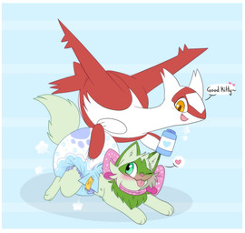 3_fingers 3_toes ambiguous_gender baby_powder back_wings big_diaper blue_background blush blush_lines border bow_accessory claws clean_diaper clothed clothing cloud_emanata container dialogue diaper diaper_puff duo emanata facial_markings feet feral finger_claws fingers floating fur green_body green_fur green_inner_ear green_tail hand_on_diaper head_markings heart_symbol holding_container holding_object huge_diaper looking_back lying markings multicolored_body on_front one_eye_closed one_eye_obstructed open_mouth open_smile pattern_background pink_nose red_body simple_background smile speech_bubble spotted_accessory spotted_bow striped_background tail text toes tongue tongue_out touching_diaper two_tone_body wearing_diaper white_body white_border wings jupiters nintendo pokemon generation_3_pokemon generation_9_pokemon latias legendary_pokemon pokemon_(species) sprigatito english_text hi_res