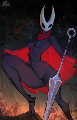 2_toes anthro black_body blue_nipples blue_vulva breasts feet female genitals glowing glowing_eyes holding_melee_weapon holding_object holding_weapon horn melee_weapon nipples non-mammal_breasts non-mammal_nipples red_eyes slim_anthro slim_female small_breasts solo text thick_thighs toes vulva weapon maewix hollow_knight_(franchise) team_cherry hornet_(hollow_knight) arthropod absurd_res hi_res url