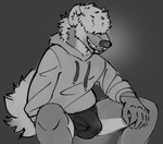 5_fingers anthro black_nose bodily_fluids bulge clothed clothing fingers genital_fluids hair hair_over_eye hidden_eyes hoodie male precum precum_through_clothing precum_through_underwear smile solo teeth teeth_showing topwear underwear wet wet_clothing picantetortuga hyena mammal hi_res monochrome