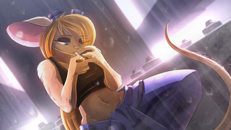 anthro blonde_hair blue_eyes breasts cigarette clothed clothing eyewear eyewear_on_head female fur goggles goggles_on_head hair midriff navel raining shirt smoking solo tan_body tan_fur tank_top topwear zachseligson chip_'n_dale_rescue_rangers disney gadget_hackwrench mammal mouse murid murine rodent 16:9 hi_res widescreen