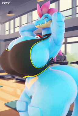 anthro big_breasts blue_body blue_eyes blue_scales breasts choker female gym hands_behind_head huge_breasts inside jewelry necklace pokeball pupils scales slit_pupils solo standing tail thick_thighs wide_hips conditional_dnp evov1 valorlynz_(modeler) nintendo pokemon yuki_(evov1) yukigatr_(evov1) feraligatr generation_2_pokemon pokemon_(species) 3d_(artwork) digital_media_(artwork) hi_res