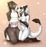 4_toes anthro black_body black_fur black_nose breasts clothed clothing duo eyes_closed feet female fur green_eyes grey_body grey_fur licking male navel nude open_mouth simple_background tail teeth toes tongue tongue_out topless white_body white_fur smileeeeeee dantalian_letrou_(character) mammal sergal digital_media_(artwork) shaded