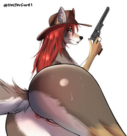 5_fingers anthro anus big_butt biped black_lips black_nails bodily_fluids brown_body brown_fur butt clothing colored_nails cowboy cowboy_hat cowboy_hat_only curvy_figure eyelashes eyewear female female_anthro fingers freckled_face freckles fur genital_fluids genitals gesture glistening glistening_butt glistening_genitalia glistening_head green_eyes gun hair handgun hat headgear headwear huge_hips humanoid_genitalia humanoid_vulva lips looking_at_viewer lying makeup mascara mature_anthro mature_female multicolored_body multicolored_fur nails nude nude_anthro on_side outer_labia pose presenting ranged_weapon rear_focus rear_view red_accents red_body red_fur red_hair revolver side_view simple_background solo sweat sweatdrop tail text thick_thighs vaginal_fluids vulva weapon white_background white_body white_fur wide_hips yellow_body yellow_fur doctorcure canid canine canis coyote mammal 2025 absurd_res artist_name colored digital_drawing_(artwork) digital_media_(artwork) english_text hi_res pinup signature