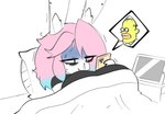 anthro bed bedding black_clothing black_shirt black_t-shirt black_topwear blanket blue_hair bodily_fluids cellphone clothing electronics eye_bags female fur furniture hair holding_cellphone holding_object holding_phone holding_smartphone ill inner_ear_fluff long_ears lying motion_lines multicolored_hair on_back phone pillow pink_hair shaking shirt simple_background smartphone snot solo speech_bubble sweat t-shirt tablet topwear tuft two_tone_hair under_covers white_background white_body white_fur yellow_body yellow_skin theycallhimcake the_simpsons homer_simpson pb_(theycallhimcake) human lagomorph leporid mallkin mammal rabbit digital_drawing_(artwork) digital_media_(artwork) busty_boy_(lore) male_(lore)