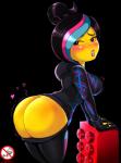 bent_over big_butt black_background black_hair blush bottomwear bottomwear_down breasts butt clothed clothing female freckles gloves hair handwear heart_reaction heart_symbol highlights_(coloring) hoodie lego_brick looking_at_viewer multi_heart_reaction not_furry pants pants_down partially_clothed ponytail presenting simple_background solo standing topwear yellow_body yellow_skin shadman lego the_lego_movie wyldstyle humanoid