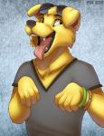 5_fingers anthro brown_eyes clothed clothing eyewear eyewear_on_head fingers front_view fur happy looking_aside male mouth_shot open_mouth open_smile paw_pose pose shirt simple_background smile solo sunglasses sunglasses_on_head t-shirt teeth tongue tongue_out topwear yellow_body yellow_fur ifus bojack_horseman netflix mr._peanutbutter bird_dog canid canine canis domestic_dog hunting_dog labrador mammal retriever 2015 bust_portrait digital_media_(artwork) portrait