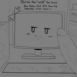 bedroom_eyes blush blush_lines bow_ribbon computer computer_monitor duo electronics female genitals keyboard machine male narrowed_eyes penis seductive smug_face talking_to_viewer text vein veiny_penis darky animate_inanimate human living_computer living_machine mammal 1:1 absurd_res english_text hi_res monochrome