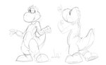 anthro clothing featureless_crotch footwear head_spikes looking_aside male mouth_closed narrowed_eyes shoes simple_background solo spikes spikes_(anatomy) standing tail thick_thighs oselotti mario_bros nintendo yoshi 2014 monochrome