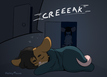 ambiguous_anthro ambiguous_gender anthro bedding black_hair blanket brown_body clothed clothed_anthro clothing countershade_face countershading covered_eyes door duo eyes_closed hair hair_over_eyes lurking sidecut sleeping sound_effects tail under_blanket vowelless vowelless_sound_effect zzz mouse_kenny alex_(mouse_kenny) kenny_(mouse_kenny) mammal mouse murid murine rodent 2026 sequence signature story