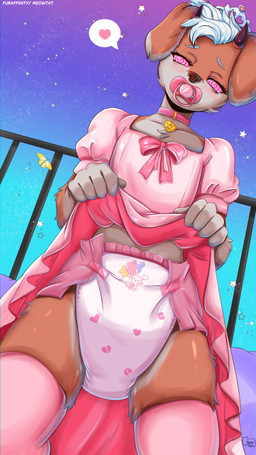 abdl anthro bdsm blush choker clothed clothing clothing_lift collar crossdressing crown diaper diaper_fetish dress dress_lift femboy fur hat headgear headwear hypnosis hypnotic_eyes jewelry legwear looking_at_viewer male mind_control necklace object_in_mouth pacifier pacifier_in_mouth padded pink_clothing pink_dress princess royalty solo spiral spiral_eyes stockings tiara wearing_diaper meowtat abuniverse bunnyhopps fan_character canid canine mammal 4k 9:16 absurd_res hi_res