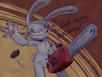 4_fingers anthro chainsaw claws dialogue finger_claws fingers fur inner_ear_fluff laugh male nude pawpads power_tool sharp_teeth solo tail teeth text tools tuft white_body eldimkas sam_and_max max_(sam_and_max) lagomorph leporid mammal rabbit english_text hi_res