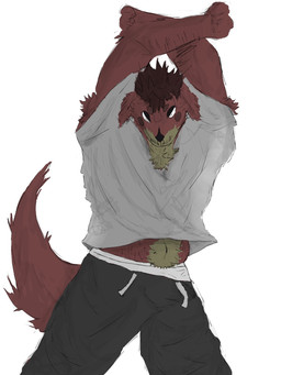 anthro armpit_hair belly body_hair bottomwear clothing male pants raised_arms sagging_pants shirt solo t-shirt topwear rudolph4444 mammal mustelid otter hi_res