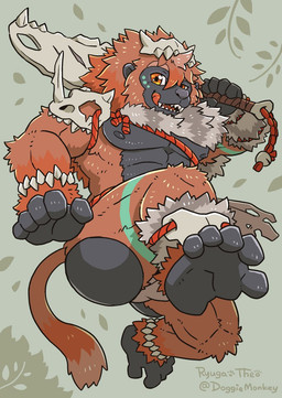 abs anthro armor bald_ass bone_armor bottomwear brown_body brown_fur bulge butt clothing fur loincloth male melee_weapon muscular muscular_anthro muscular_male nipples pecs solo sword unconvincing_armor weapon doggiemonkey haplorhine mammal monkey primate hi_res