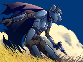 action_pose anthro armor cloak clothing cloud female gloves grass gun handwear headgear helmet plant pose ranged_weapon science_fiction sky skyscape weapon carrioncat star_wars domestic_cat felid feline felis mammal hi_res