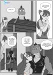 2020 anthro anthrofied apple_bloom_(mlp) blush bodily_fluids box clothing comic container crate dialogue dragon english_text equid equine female friendship_is_magic hasbro hi_res horse male mammal monochrome my_little_pony mythological_creature mythological_scalie mythology overalls pia-sama pony scalie spike_(mlp) sweat tail text