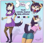 anthro beverage bottomwear breasts butt cheek_tuft chest_tuft claws clothing collar collar_tag color_swatch denim denim_bottomwear denim_clothing denim_shorts ear_piercing facial_piercing facial_tuft female fluffy fluffy_tail fur hair hand_on_hip holding_object legwear looking_back maid_uniform multicolored_body multicolored_fur name_tag nose_piercing piercing pink_clothing pink_nose pink_topwear plantigrade purple_body purple_fur purple_hair raised_tail rear_view shorts simple_background solo stud_piercing tail tan_body tan_fur teal_eyes text thong_straps tongue tongue_out tongue_piercing topwear tuft uniform white_body white_fur fleshslinky claire_(fleshslinky) australian_shepherd canid canine canis domestic_dog herding_dog mammal pastoral_dog sheepdog hi_res model_sheet