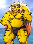 anthro beach biceps biped black_body black_fur bulge clothed clothing fangs fur male musclegut muscular muscular_anthro muscular_male outside pecs red_eyes seaside simple_background solo speedo standing stripes swimwear teeth topless water yellow_body yellow_fur chocobo4869 felid mammal pantherine tiger 3:4