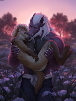 anthro biped butt claws clothed clothed_anthro clothed_male clothing duo feet fingers front_view fur hair horn male nude nude_anthro spots standing tail toes sadnicole mythology dragon hyena mammal mythological_creature mythological_scalie scalie 2026 digital_drawing_(artwork) digital_media_(artwork) hi_res