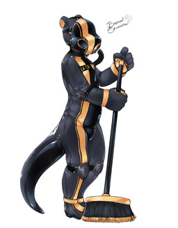 ambiguous_gender broom cleaning_tool drone gas_mask latex mask null solo raineshadowpaw l4-t3x mammal mustelid otter absurd_res hi_res