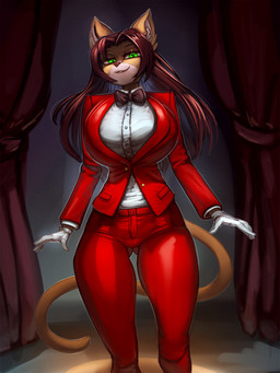 anthro big_breasts bite biting_lip biting_own_lip bow_tie breasts brown_body brown_fur brown_hair business_suit butt butt_from_the_front clothing female fur gloves green_eyes hair handwear looking_at_viewer red_clothing red_curtains self_bite smile solo stage suit white_clothing white_gloves white_handwear general-irrelevant valese_(violetto_valentine) domestic_cat felid feline felis mammal 2023 3:4 digital_media_(artwork) hi_res