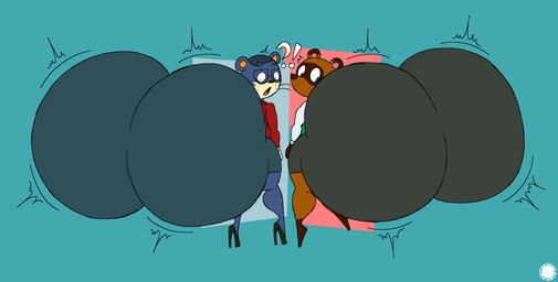 anthro bar_emanata big_butt blue_body blue_fur blue_pupils bottomwear brown_body brown_fur bubble_butt butt butt_expansion clothed clothing countershade_face countershade_feet countershade_hands countershade_tail countershading crossdressing curvy_figure duo emanata expansion eyelashes eyewear facial_markings feet femboy flash_emanata footwear freckled_face freckles fur geometric_background glasses hair head_markings high_heels huge_butt hyper hyper_butt interrobang jacket logo looking_at_own_butt male markings mask_(marking) one_leg_up pupils raised_leg rear_view shoes simple_background skirt small_waist sweater tail text thick_thighs topwear wasp_waist whiskers wide_hips thatdawgmurray animal_crossing nintendo lyle_(animal_crossing) tom_nook_(animal_crossing) canid canine mammal mustelid otter raccoon_dog tanuki absurd_res aliasing artist_logo artist_name digital_media_(artwork) hi_res signature