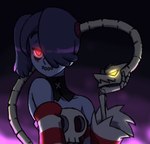 armwear black_background bone clothing detached_sleeves female glowing glowing_eyes hair not_furry one_eye_obstructed ponytail purple_background purple_body purple_hair purple_skin red_eyes sewn_mouth shoulderless_dress side_ponytail simple_background skull smile solo yellow_eyes rottedpaint skullgirls leviathan_(skullgirls) squigly humanoid undead zombie