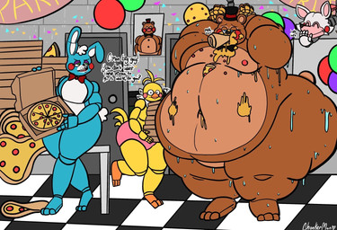 anthro balloon beak belly big_belly big_butt biped bodily_fluids bound box butt chuckling container feeding female food food_stains group huge_belly huge_butt huge_thighs inflatable male messy moobs obese overweight party pizza pizza_box slob stuffing sweat talking_to_another thick_thighs weight_gain chonkermon five_nights_at_freddy's five_nights_at_freddy's_2 scottgames mangle_(fnaf) toy_bonnie_(fnaf) toy_chica_(fnaf) toy_freddy_(fnaf) avian bear bird canid canine chicken fox galliform lagomorph leporid mammal phasianid rabbit