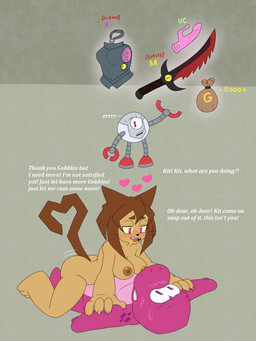 anthro areola biped bodily_fluids breasts brown_hair cowgirl_position cum cum_from_mouth cum_in_mouth cum_inside dialogue female female_on_top female_penetrated from_front_position genital_fluids group hair machine male male/female male_on_bottom male_penetrating melee_weapon nipples nude on_bottom on_top penetration sex simple_background sweat sword text weapon lurking_tyger gameoverse glitch_productions gobbles_(gameoverse) kaboodle_(gameoverse) kit_bodega dinosaur domestic_cat felid feline felis mammal prehistoric_species reptile robot scalie 3:4 hi_res
