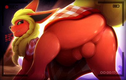 animal_genitalia anus backsack balls blush butt camera camera_view clothed clothing dialogue dress feral genitals looking_back male partially_clothed presenting presenting_hindquarters raised_tail rear_view sheath solo tail text thick_thighs visionaryserpent nintendo pokemon canid canine eeveelution flareon generation_1_pokemon mammal pokemon_(species) 2026 absurd_res english_text hi_res