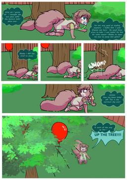 anthro balloon clothed clothing crawling dialogue female inflatable pacifier plant shrub solo speech_bubble tail text tree young babystar gemma_polson mammal rodent sciurid tree_squirrel comic english_text hi_res
