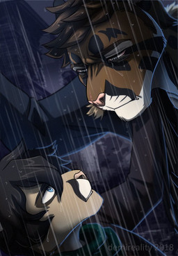 anthro black_hair blue_eyes brown_body brown_fur brown_hair clothed clothing duo eye_contact fur grey_eyes hair looking_at_another male narrowed_eyes pink_nose raining short_hair tan_body tan_fur wet wet_body wet_fur white_body white_fur demireality felid mammal 2018 dated