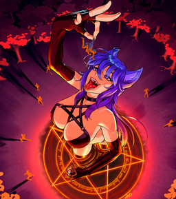 armwear big_breasts black_bra black_choker black_clothing black_jewelry black_legwear black_necklace black_thigh_highs black_underwear bodily_fluids bra breasts choker cleavage clothed clothing detailed_background elbow_gloves extreme_size_difference female female_pred fingerless_gloves forest front_view gloves hair handwear high-angle_view holding_character human_prey humanoid_pred imminent_vore jewelry larger_female larger_humanoid legwear macro magic magic_circle micro necklace night open_mouth open_smile outside pentagram_circle plant purple_eyes purple_hair saliva saliva_on_tongue saliva_string size_difference smaller_human smile summoning summoning_circle thigh_highs tongue tongue_out tree underwear tsavo animal_humanoid cat_humanoid felid felid_humanoid feline feline_humanoid human humanoid mammal mammal_humanoid absurd_res digital_media_(artwork) hi_res