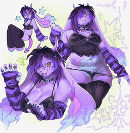 2_horns 5_fingers :3 accessory anthro arm_warmers armwear band-aid band-aid_on_face band-aid_on_nose bandage bandage_on_face bandage_on_nose bare_shoulders big_breasts black_bra black_clothing black_corset black_hair black_panties black_thong black_underwear blep bra breast_markings breast_squish breasts brown_eyes chest_tuft chibi claws cleavage clothed clothing clothing_pull collar curled_fingers digit_ring dimple dreadlocks emanata eyelashes eyeliner facial_piercing fangs female finger_claws finger_ring fingerless_armwear fingers fur furrowed_eyebrows gradient_ears hair hair_accessory highlights_(coloring) horn humanoid_hands jewelry lace_stockings lip_piercing lip_ring long_ears low-angle_view makeup markings mascara medium_hair mischievous_smile mole_under_eye multiple_poses navel navel_piercing one_fang open_mouth open_smile panties pattern_arm_warmers pattern_armwear pattern_background pattern_clothing piercing pose pubes purple_body purple_fur purple_highlights purple_horn purple_stripes rabbit_ears raised_hand removing_underwear ring_piercing simple_background smile solo spade_tail spiked_collar spikes squish standing star star_(marking) striped_arm_warmers striped_armwear striped_clothing stripes tail teeth thong thong_pull three-quarter_view toeless_legwear toeless_thigh_highs tongue tongue_out tuft underwear underwear_pull womb_tattoo y_nose wolfertinger salem_(wolfertinger) demon lagomorph leporid mammal rabbit 2026 bust_portrait hi_res portrait shaded soft_shading trans_(lore) trans_man_(lore)