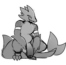 anthro arm_wraps big_penis claws featureless_chest fin genitals head_spikes humanoid_genitalia humanoid_penis male nude nude_anthro nude_male penis shark_fin shark_tail sharp_teeth simple_background smile solo spikes spikes_(anatomy) tail tail_fin teeth toe_claws wraps fishtacosad kallan_(fishtacosad) fish marine shark hi_res monochrome