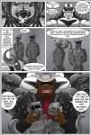 anthro anthro_on_anthro bear cetacean comic dialogue digital_media_(artwork) dominant dominant_male english_text frostbite_(rubberbuns) gimp_suit group hi_res larger_anthro larger_male lock_bulge lock_symbol male male/male mammal marine master_buns muscular muscular_male mustelid null_bulge otter polar_bear rubberbuns size_difference smaller_anthro smaller_male speech_bubble submissive submissive_male text ursine