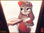 anthro breasts chewing cleavage clothed clothing clothing_pull courier delivery_(commerce) delivery_employee disney female food food_carrier food_delivery hat headgear headwear hi_res judy_hopps lagomorph leporid mammal penzel pizza pizza_delivery pizza_delivery_carrier rabbit shirt shirt_pull solo teasing topwear topwear_pull zootopia