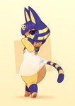 2022 animal_crossing ankha_(animal_crossing) anthro big_butt blue_hair breasts butt clothed clothing clothing_lift digital_media_(artwork) domestic_cat dress dress_lift exposure_variation felid feline felis female fingers hair hands_behind_head hi_res huffslove looking_at_viewer looking_back looking_back_at_viewer mammal markings nintendo rear_view short_stack simple_background solo standing striped_hair striped_markings striped_tail stripes tail tail_markings thick_thighs translucent translucent_clothing yellow_body