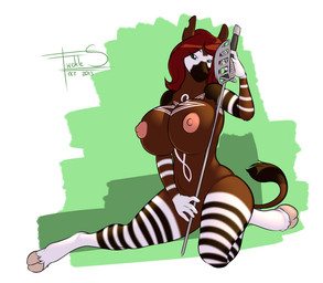anthro areola bedroom_eyes big_breasts breasts cloven_hooves erect_nipples female green_eyes hair half-closed_eyes hooves huge_breasts long_hair looking_at_viewer melee_weapon narrowed_eyes nipples nude red_hair seductive smile solo sword tail tattoo weapon freckles_(artist) giraffid mammal okapi 2013 digital_media_(artwork)