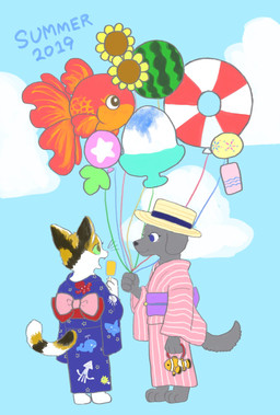 anthro asian_clothing balloon clothed clothing cloud east_asian_clothing female floral floral_print flower food fruit fur group hand_fan hat headgear headwear holding_balloon holding_object inflatable inner_tube japanese_clothing kimono melon mottled piebald plant popsicle print_clothing shaped_balloon smile star_polygon star_print straw_hat text umbrella watermelon kyokyota amur_carp aquatic calico_cat canid canine canis carp cyprinid cypriniform domestic_cat domestic_dog felid feline felis fish koi mammal typical_carp 2019 digital_media_(artwork) english_text hi_res