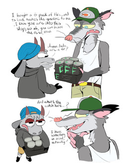anthro beverage dialogue duo energy_drink horn male simple_background text darkafsun adult_swim cartoon_network gassy's_gas_'n_stuff billy_(gassy's_gas_'n_stuff) gilbert_(gassy's_gas_'n_stuff) american_opossum bovid caprine goat mammal marsupial absurd_res english_text hi_res
