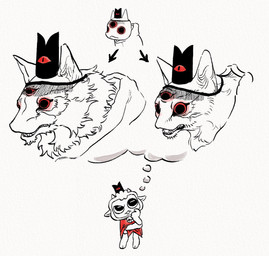 3_eyes alternate_species anthro clothed clothing duo feral fluffy frown horn male multi_eye pointy_ears prick_ears red_eyes solo standing thought_bubble offbreeze cult_of_the_lamb massive_monster_(studio) lamb_(cult_of_the_lamb) narinder red_crown_(cult_of_the_lamb) bovid canid canine canis caprine domestic_cat felid feline felis mammal sheep wolf hi_res sketch