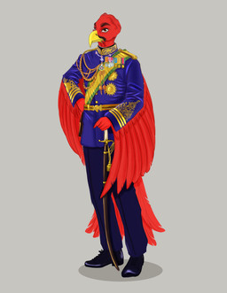 aiguillette anthro beak clothed clothing epaulet facial_hair feathers historical_people king looking_at_viewer male medal melee_weapon military_medal military_uniform mustache red_body royalty solo sword thailand uniform uniformed_male weapon cinnameana mythology garuda king_rama_v avian mythological_avian mythological_creature absurd_res hi_res