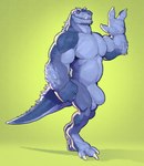 3_fingers animal_genitalia anthro biceps blue_body blue_scales claws fangs fingers fist fully_sheathed genitals gesture green_background long_sheath looking_at_viewer male musclegut muscular muscular_anthro muscular_male pecs scales sheath simple_background smile solo teeth waving roamingthrough dinosaur prehistoric_species reptile scalie hi_res