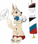 anthro ball balls bodily_fluids butt clothing derp_eyes eyewear genitals goggles male mascot offscreen_character saliva simple_background soccer_ball solo tail_anus text tongue tongue_out white_background conditional_dnp mej fifa zabivaka canid canine canis mammal wolf hi_res russian_text