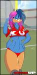 anthro bangs beak big_breasts biped black_border blue_body blue_eyes blue_feathers blue_hair border breasts clothed clothing feathers female football_field hair hand_in_hair huge_breasts looking_at_viewer multicolored_hair non-mammal_breasts panties pink_hair shirt solo standing topwear touching_hair two_tone_hair under_boob underwear yellow_body yellow_skin mastergodai knuckle_up! jupiter_(mastergodai) anatid anseriform avian bird duck 1:2 hi_res