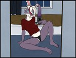 anthro bedding bedroom bedroom_background bedroom_clothing bedroom_window belly blanket breast_outline camera clothing curtains_open feet female hair hair_over_eye looking_at_viewer mirror_selfie navel nipple_outline one_eye_obstructed panties rabbit_ears selfie shirt solo spread_legs spreading toes topwear underwear window rebeldragon101 striped_sins june_(striped_sins) lagomorph leporid mammal rabbit