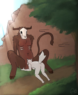 ambiguous_anthro ambiguous_gender anthro antlers anus areola ass_up bent_over bodily_fluids bone breasts brown_areola brown_body brown_fur brown_nipples butt cunnilingus duo faceless_anthro faceless_character female female/ambiguous forest fur genital_fluids genitals horn large_female licking long_tail nipples oral plant saliva seductive sex sitting size_difference skinny skull skull_head tail tail_tuft teeth tongue tree tuft vaginal white_eyes aimskull american_mythology indigenous_north_american_mythology mythology north_american_mythology deer mammal monster mythological_creature wendigo 2026 absurd_res digital_drawing_(artwork) digital_media_(artwork) hi_res signature