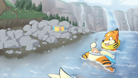 arm_fin bodily_fluids cake cake_slice cutlery dessert divergent_species drooling feral fin floating flotation_sac food forest fork forked_tail fur happy kitchen_utensils male markings mountain open_mouth orange_body orange_fur outside partially_submerged plant plate rock saliva sharp_teeth solo striped_markings stripes tail tan_body tan_fur teeth tools tree unusual_anatomy unusual_tail water waterfall zriartz fakemon nintendo pokemon swift_(swifthead) buizel floatzel fuizel generation_4_pokemon mammal mustelid otter pokemon_(species) hi_res